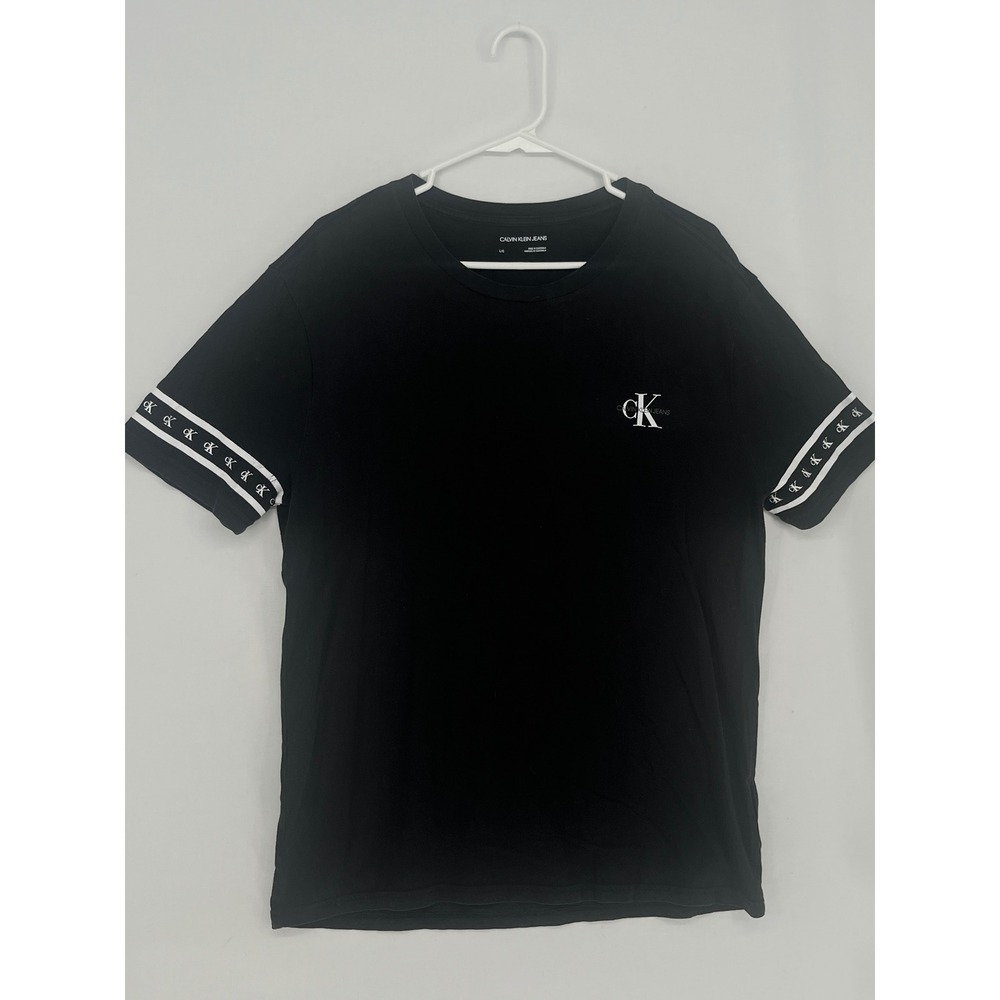Calvin Klein Jeans Mens T-Shirt Black Logo Tape Sleeve Crew Neck Cotton Large